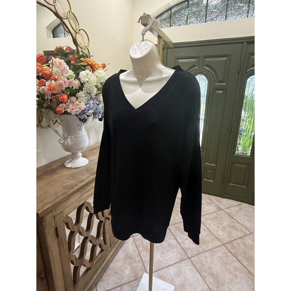 Ekouaer women’s black relaxed fit v neck pullover sweater size XL